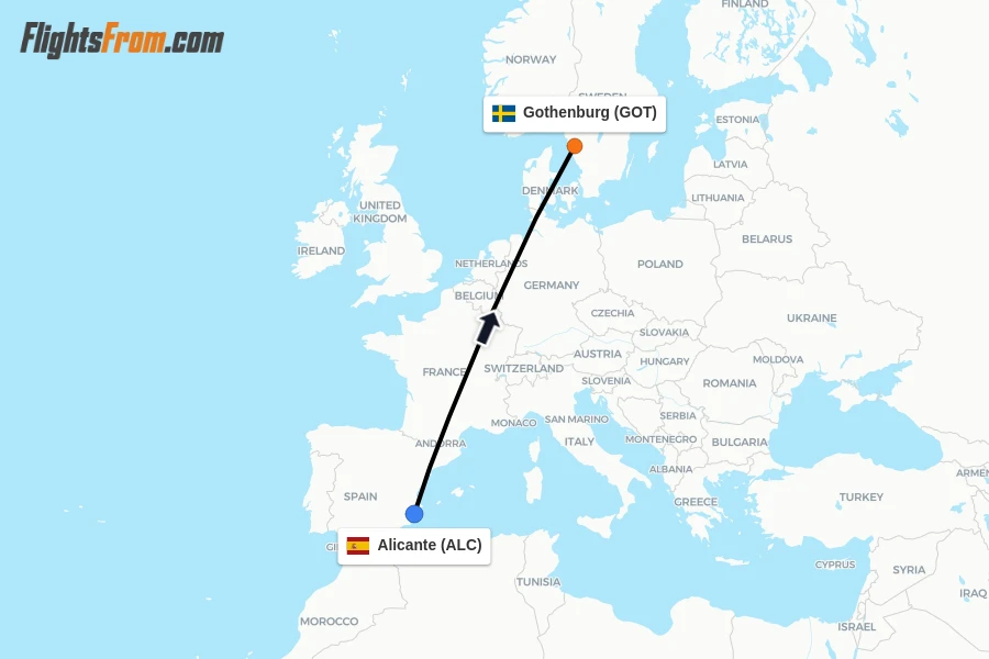 Flights from Alicante to Gothenburg route map