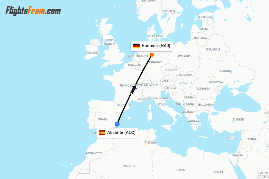 Flights from Alicante to Hanover route map
