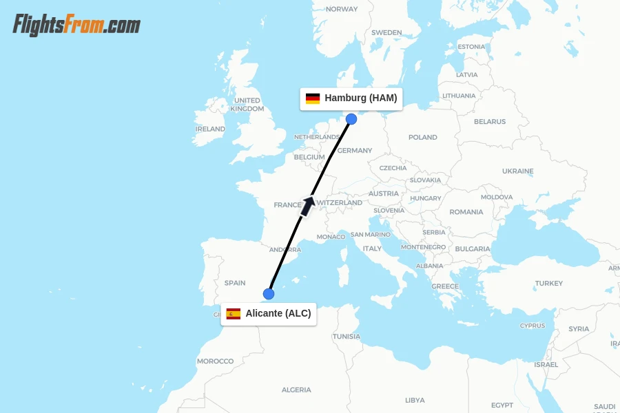 Flights from Alicante to Hamburg route map