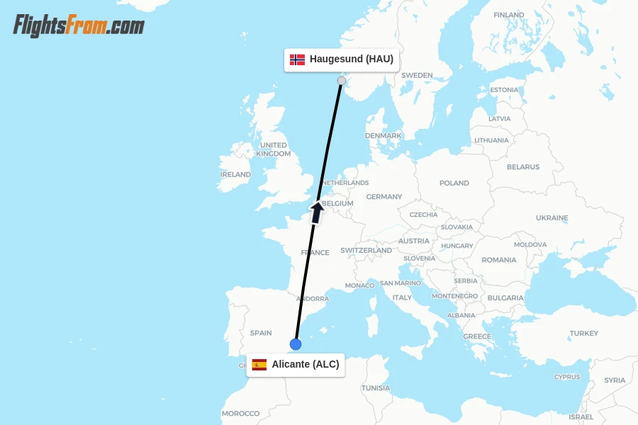 Flights from Alicante to Haugesund route map
