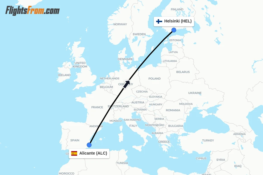 Flights from Alicante to Helsinki route map