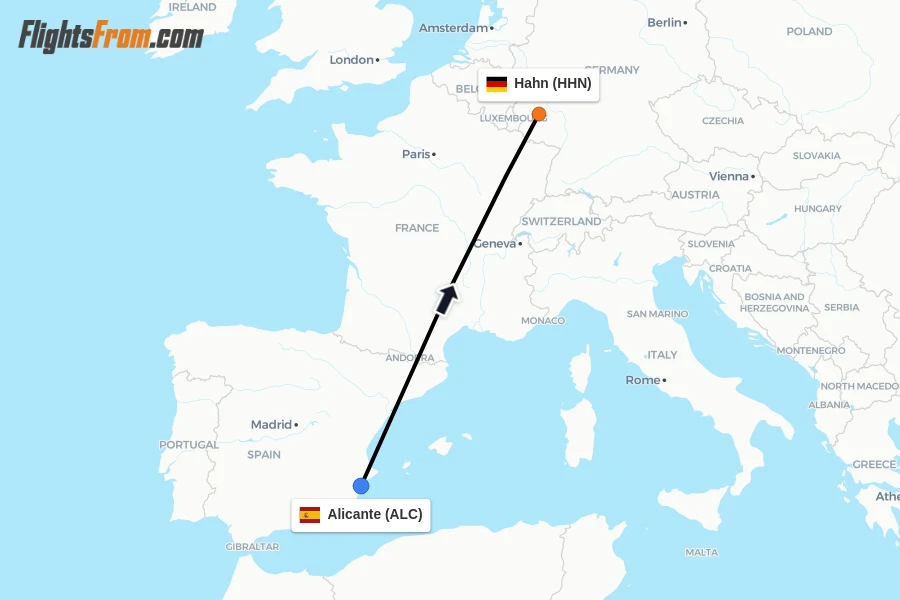 Flights from Alicante to Hahn route map