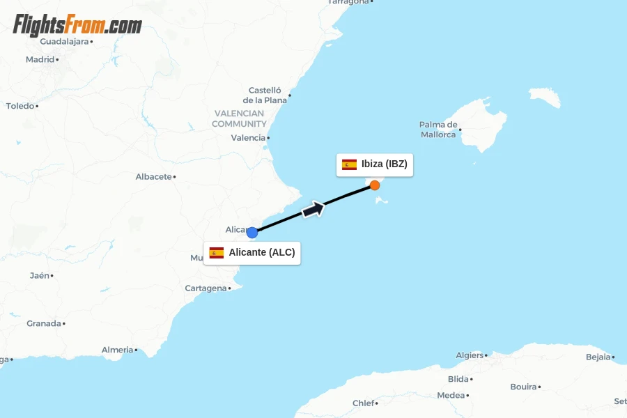 Flights from Alicante to Ibiza route map
