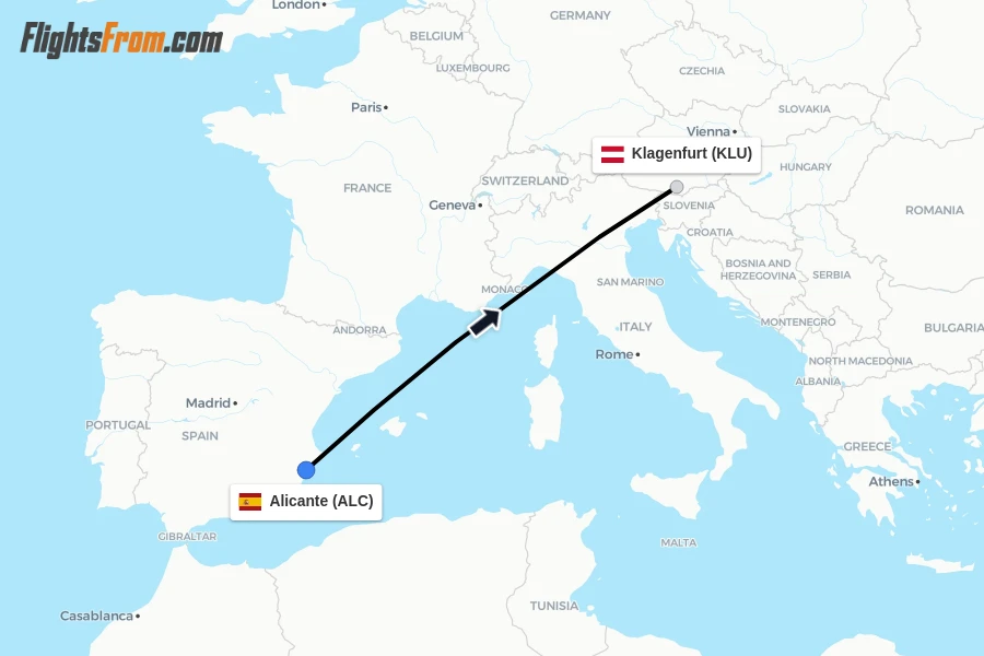 Flights from Alicante to Klagenfurt route map