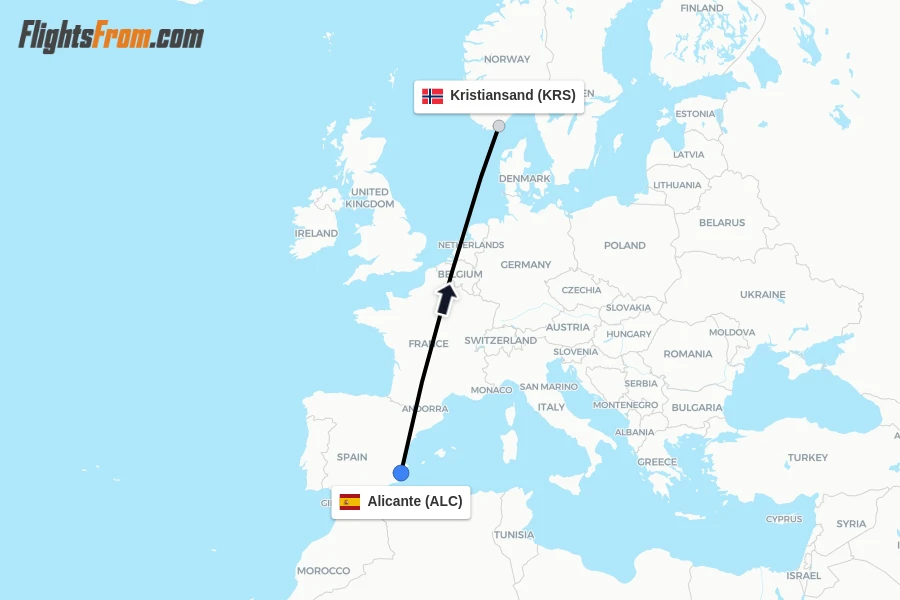 Flights from Alicante to Kristiansand route map