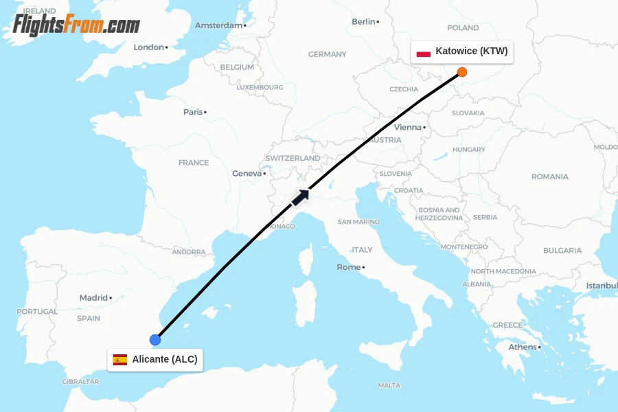 Flights from Alicante to Katowice route map