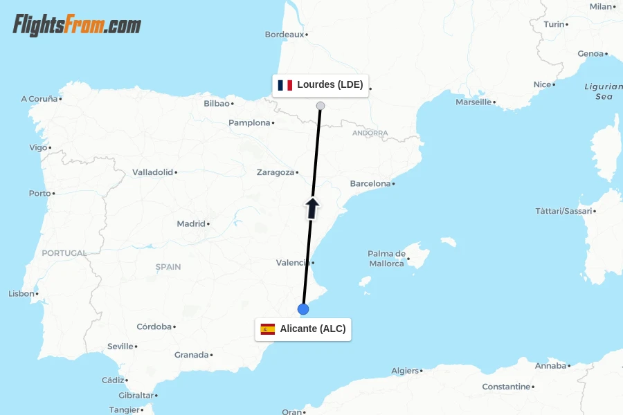 Flights from Alicante to Lourdes route map
