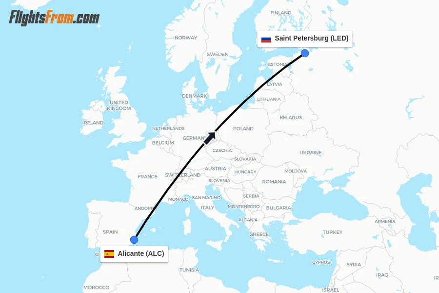 Flights from Alicante to Saint Petersburg route map