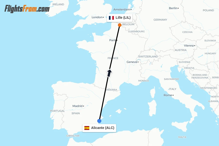 Flights from Alicante to Lille route map
