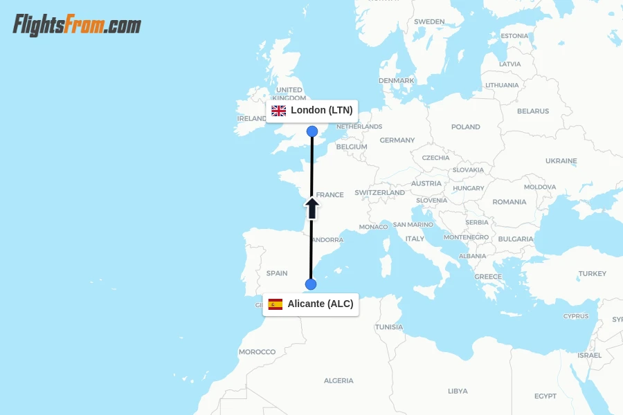 Flights from Alicante to London route map