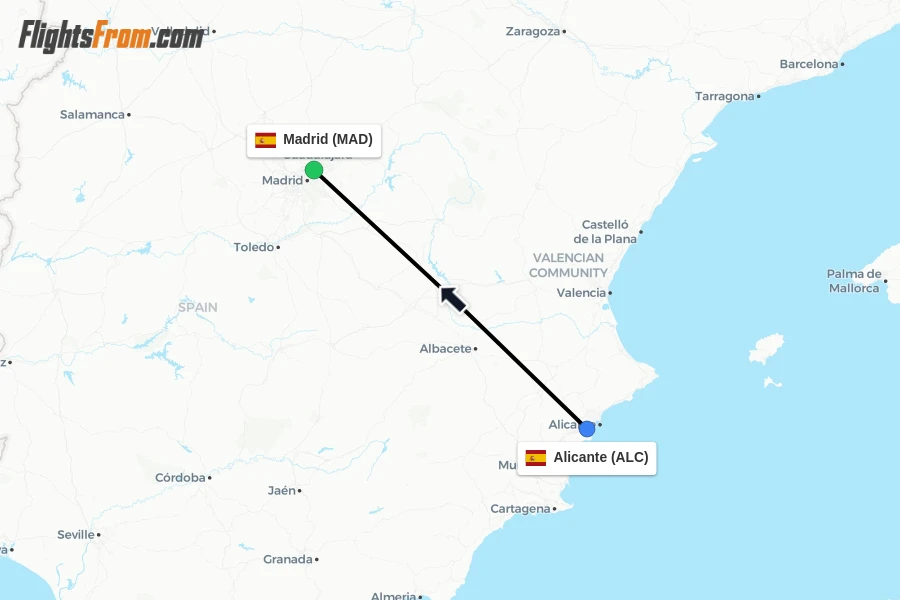 Flights from Alicante to Madrid route map