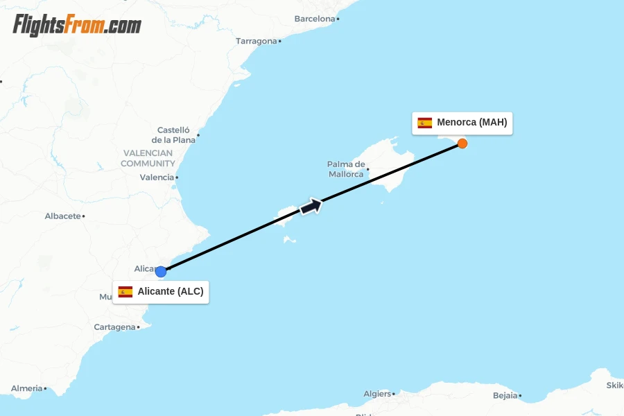 Flights from Alicante to Menorca route map