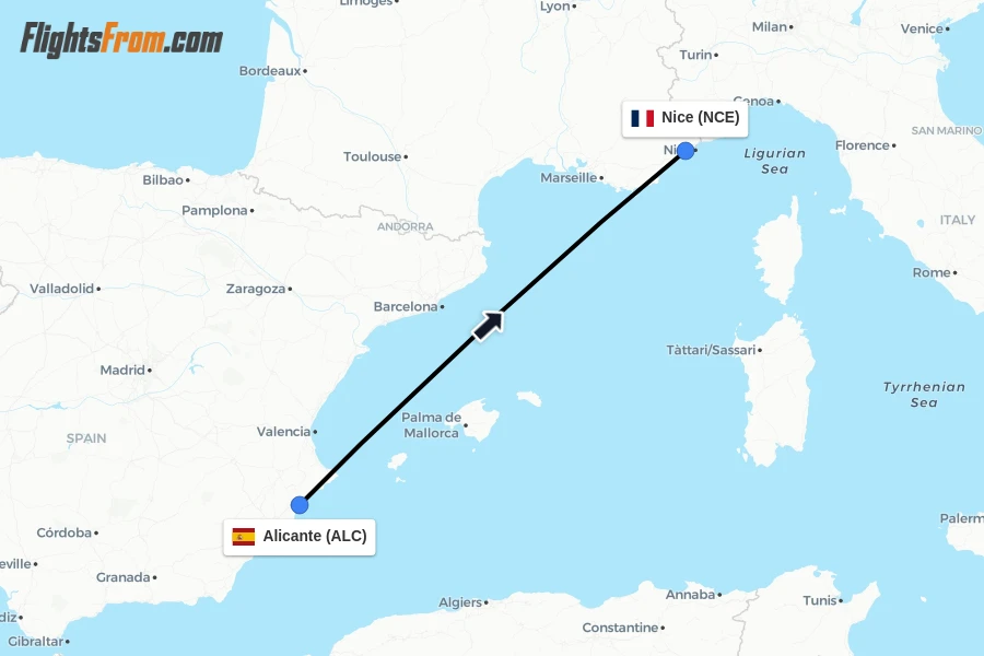 Flights from Alicante to Nice route map