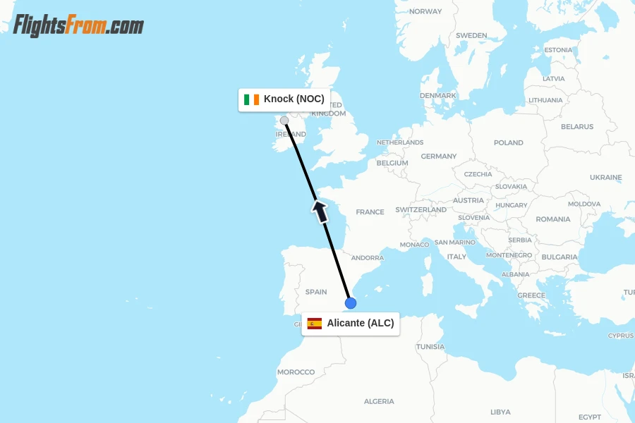 Flights from Alicante to Knock route map
