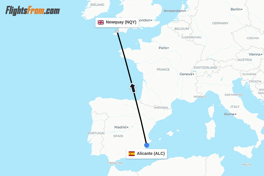 Flights from Alicante to Newquay route map