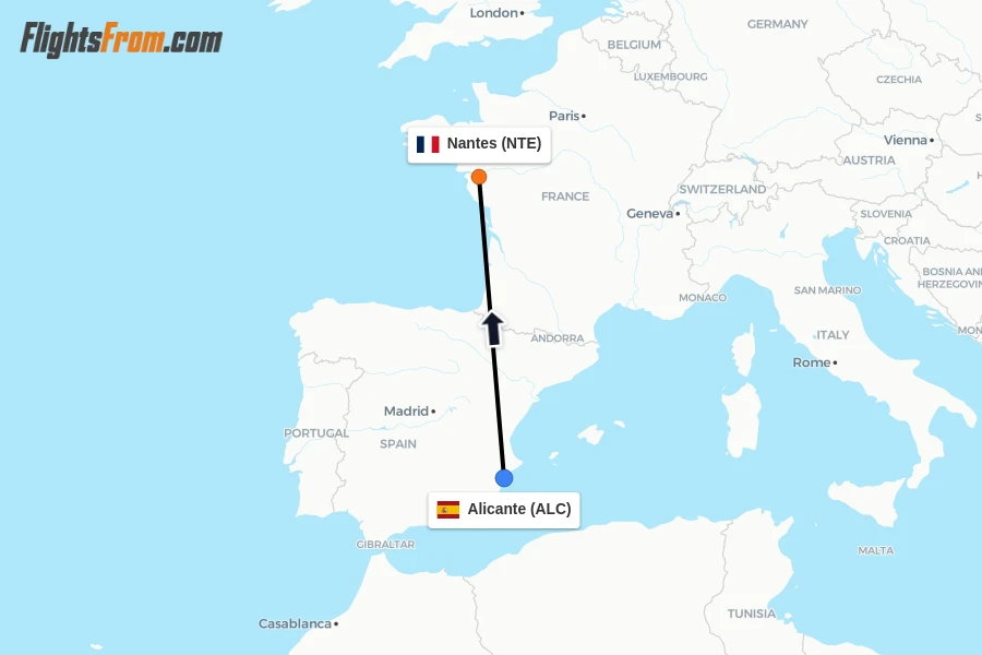 Flights from Alicante to Nantes route map