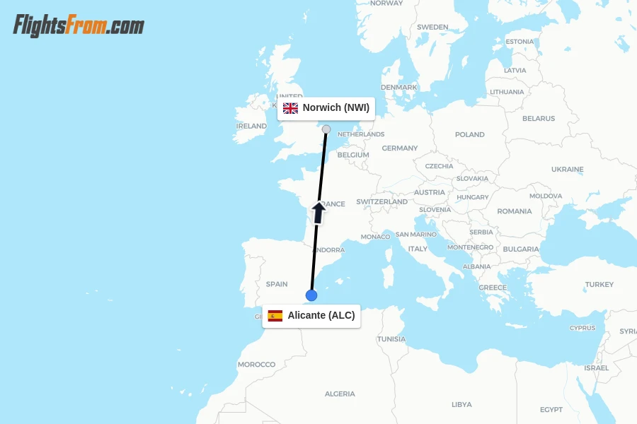 Flights from Alicante to Norwich route map