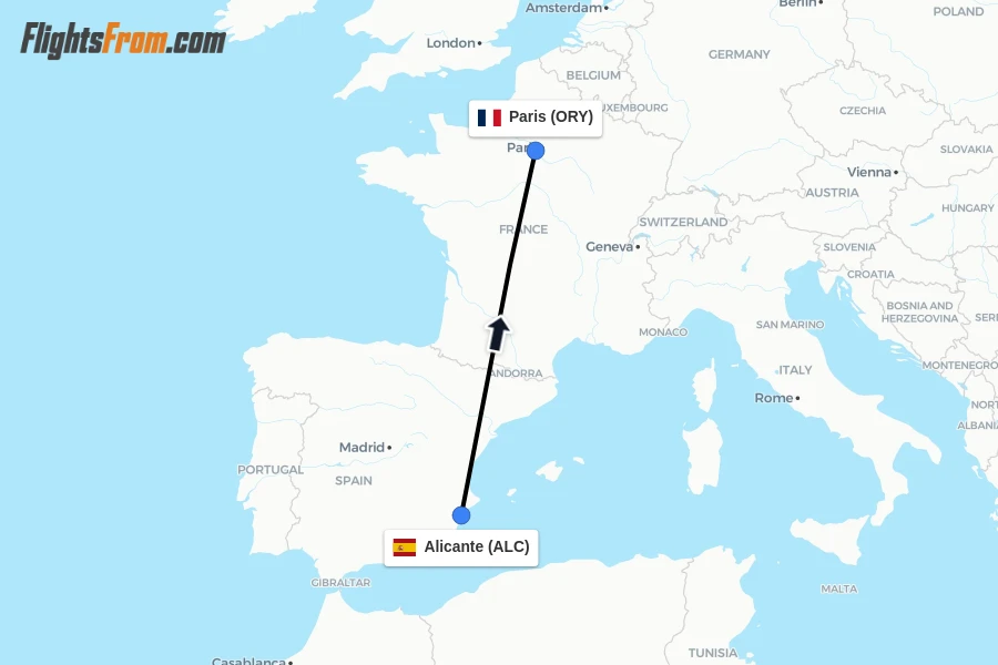 Flights from Alicante to Paris route map