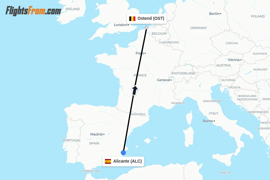 Flights from Alicante to Ostend route map