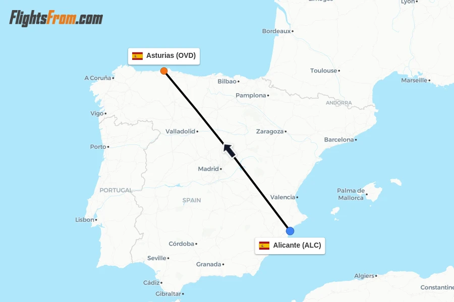 Flights from Alicante to Asturias route map