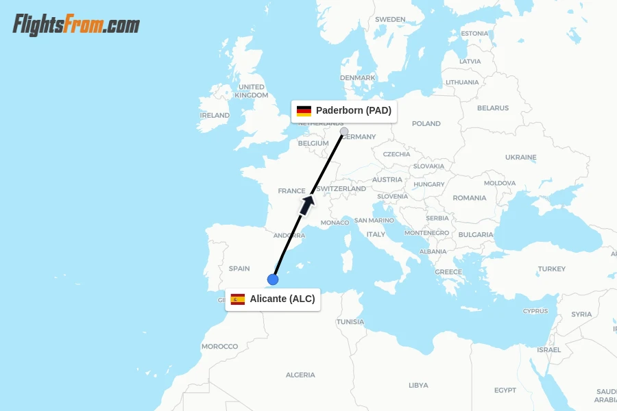 Flights from Alicante to Paderborn route map