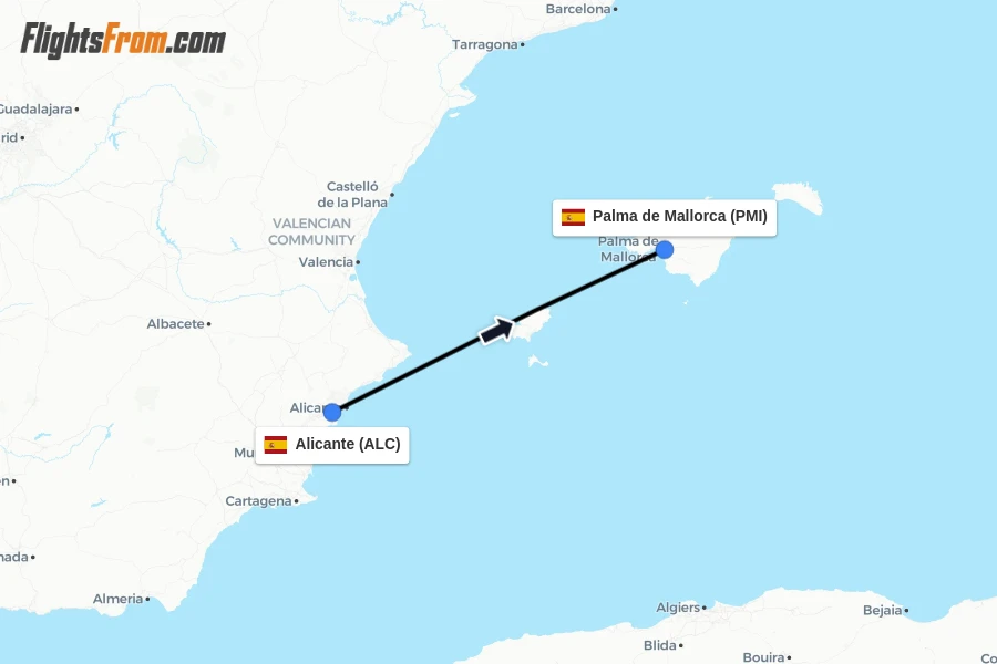 Flights from Alicante to Palma de Mallorca route map