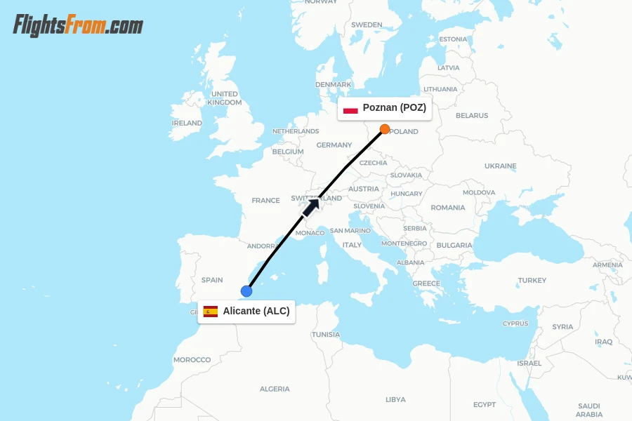 Flights from Alicante to Poznan route map