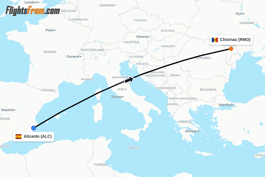 Flights from Alicante to Chisinau route map