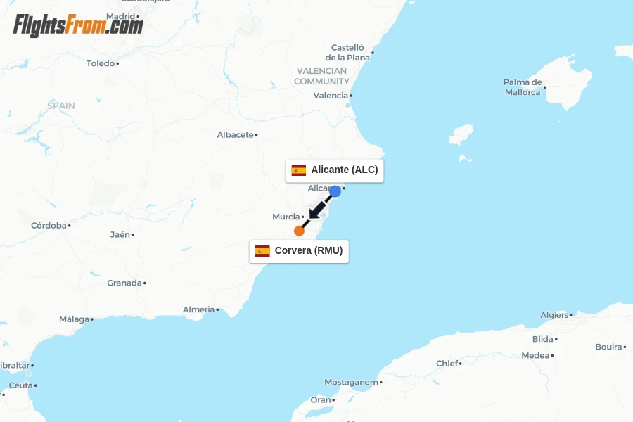 Flights from Alicante to Corvera route map