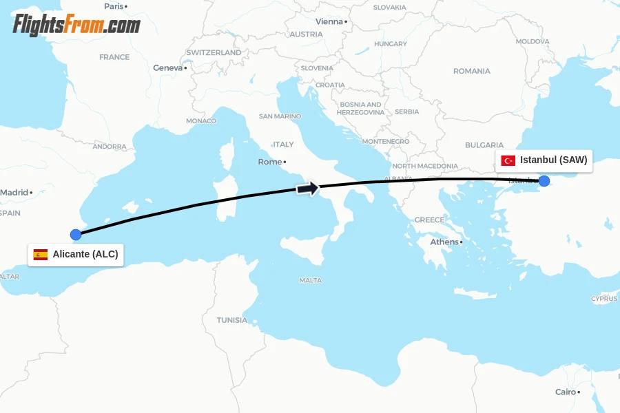 Flights from Alicante to Istanbul route map