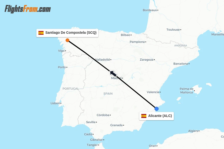 Flights from Alicante to Santiago De Compostela route map