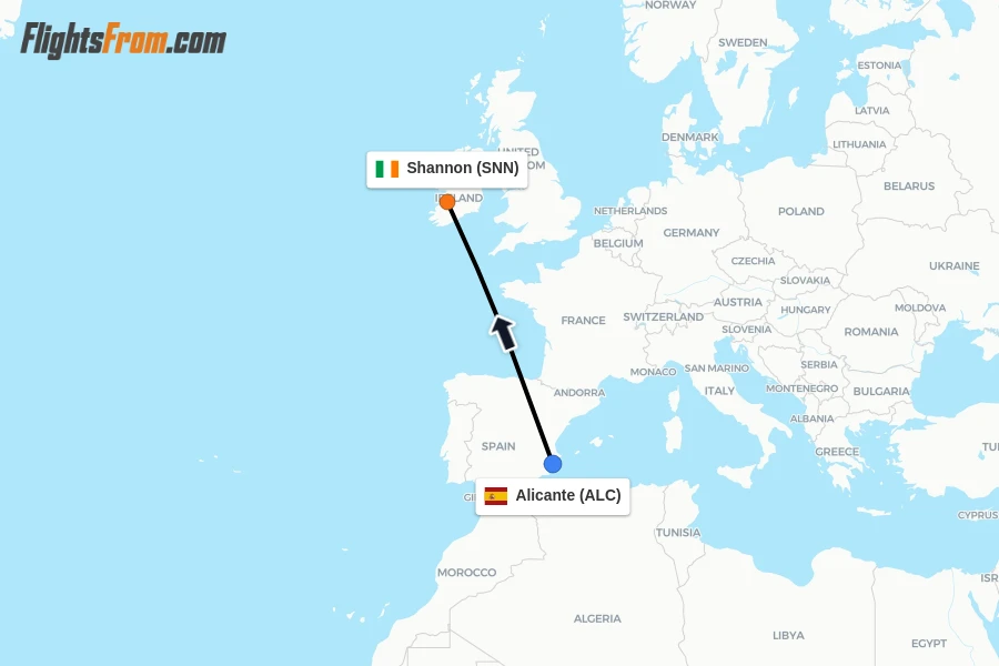 Flights from Alicante to Shannon route map