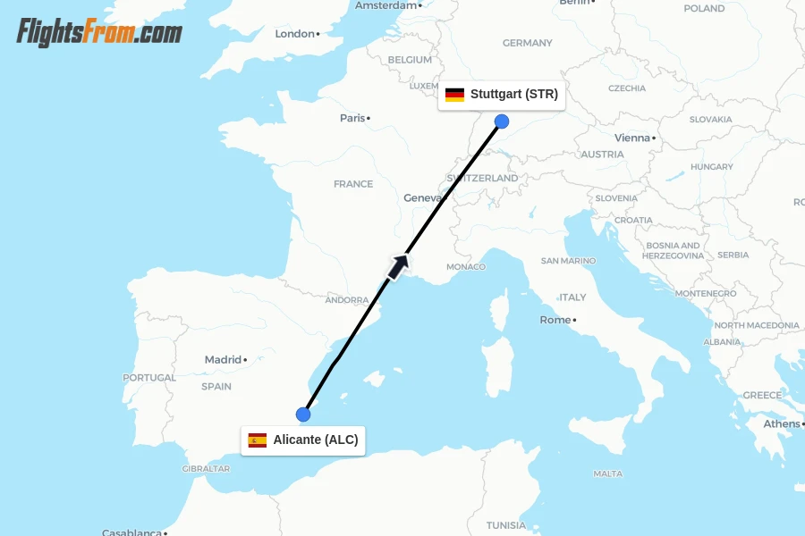 Flights from Alicante to Stuttgart route map