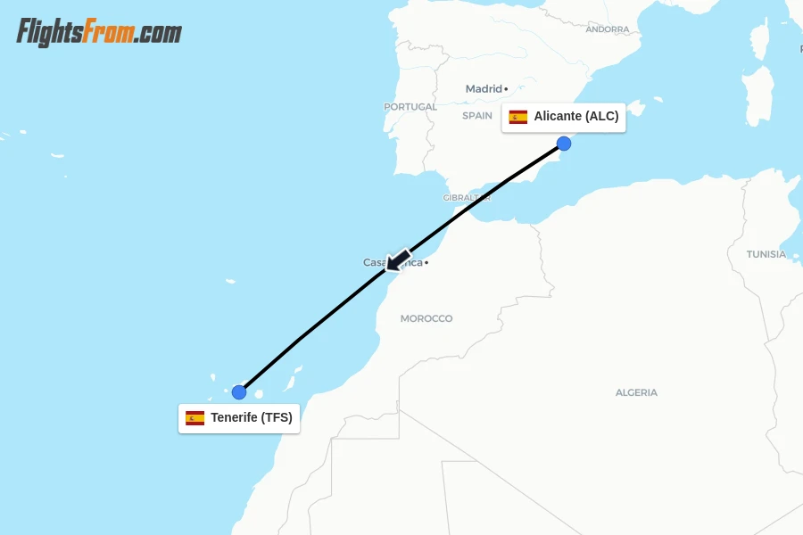 Flights from Alicante to Tenerife route map