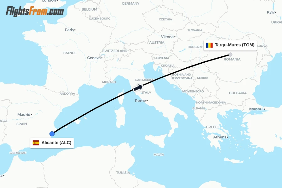 Flights from Alicante to Targu-Mures route map