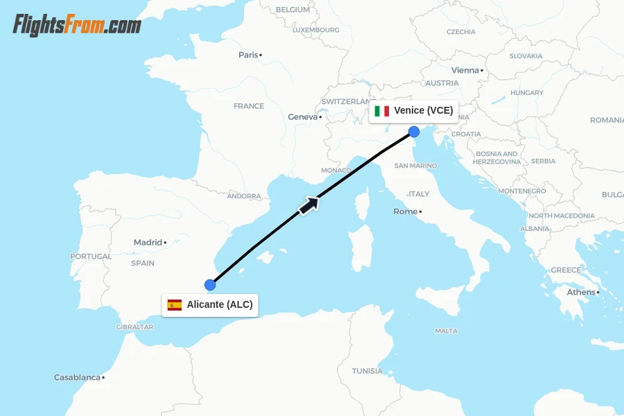 Flights from Alicante to Venice route map