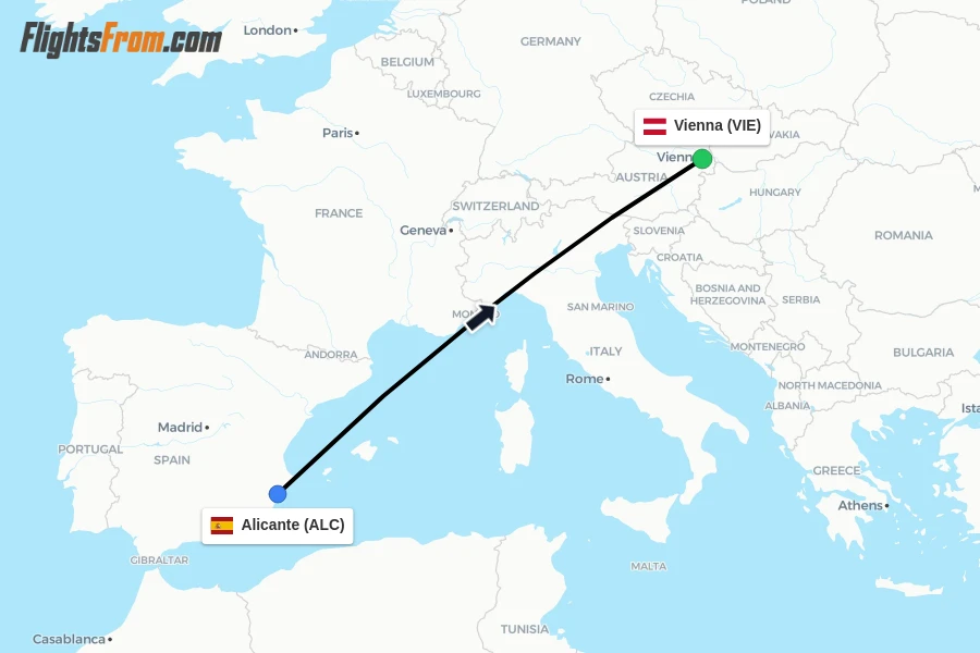 Flights from Alicante to Vienna route map