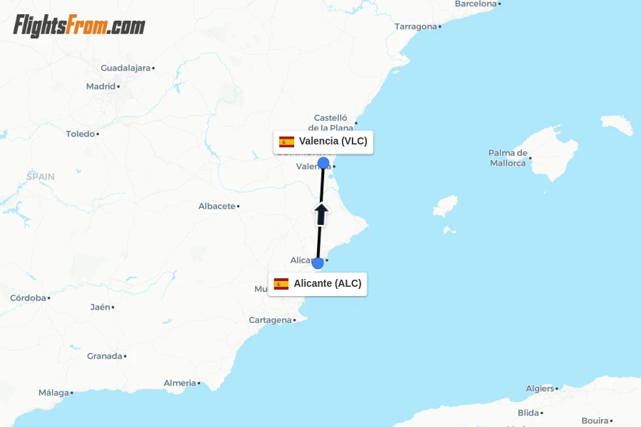 Flights from Alicante to Valencia route map