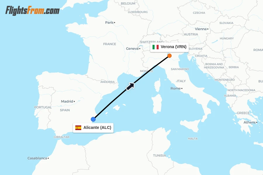 Flights from Alicante to Verona route map