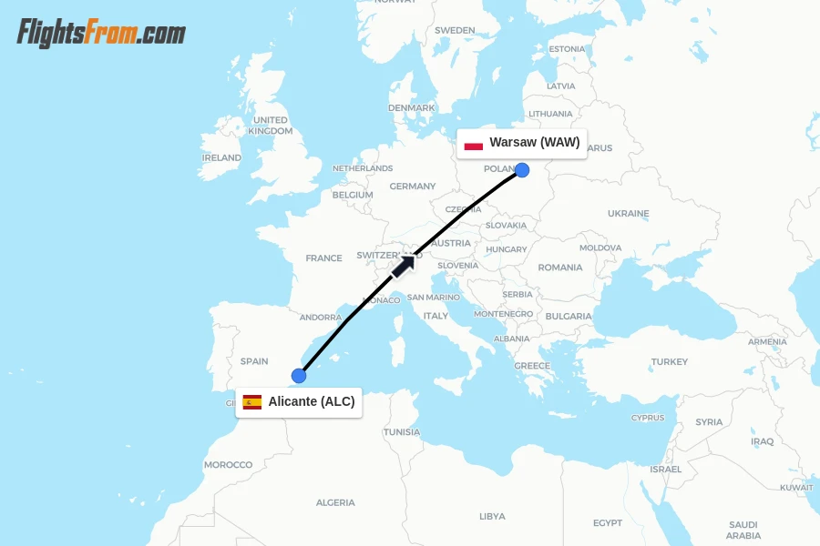 Flights from Alicante to Warsaw route map