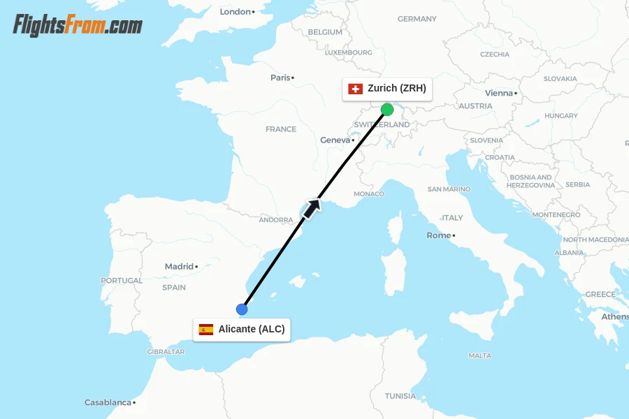Flights from Alicante to Zurich route map