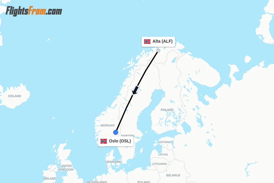 Flights from Alta to Oslo route map