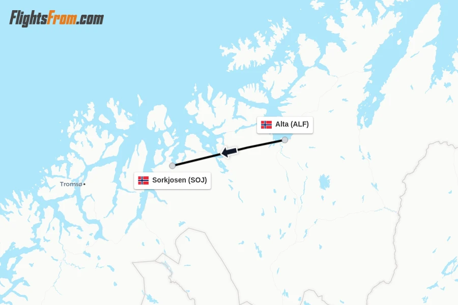 Flights from Alta to Sorkjosen route map