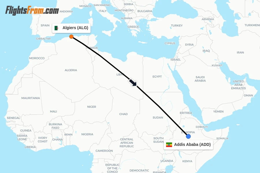Flights from Algiers to Addis Ababa route map
