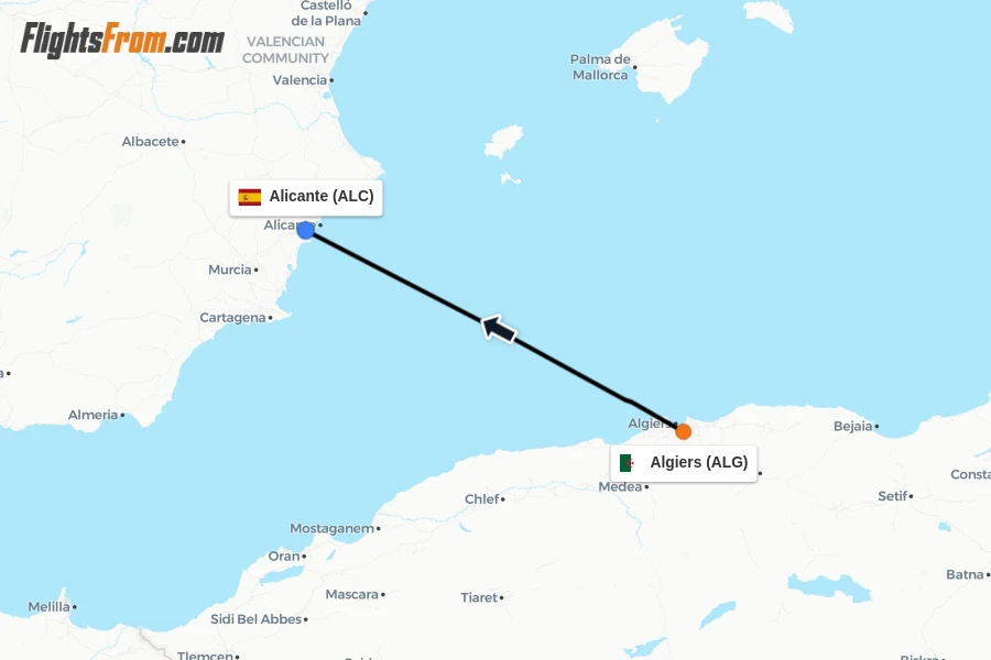 Flights from Algiers to Alicante route map