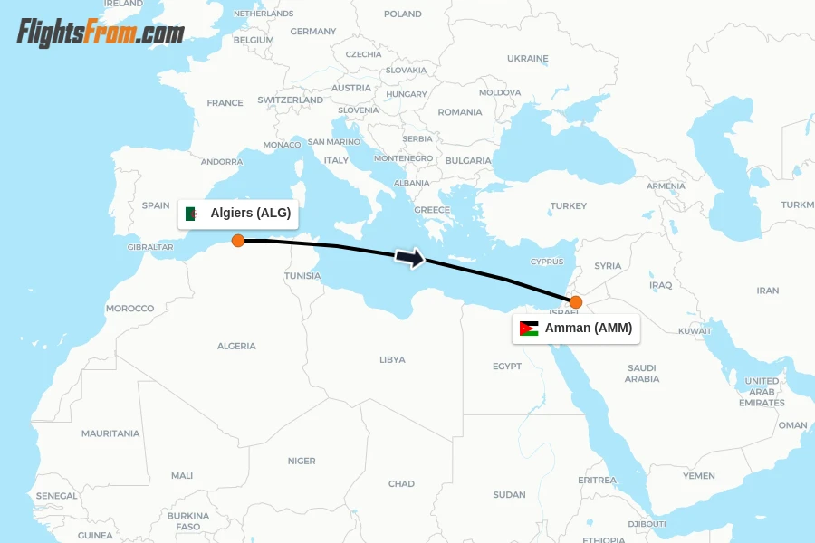 Flights from Algiers to Amman route map