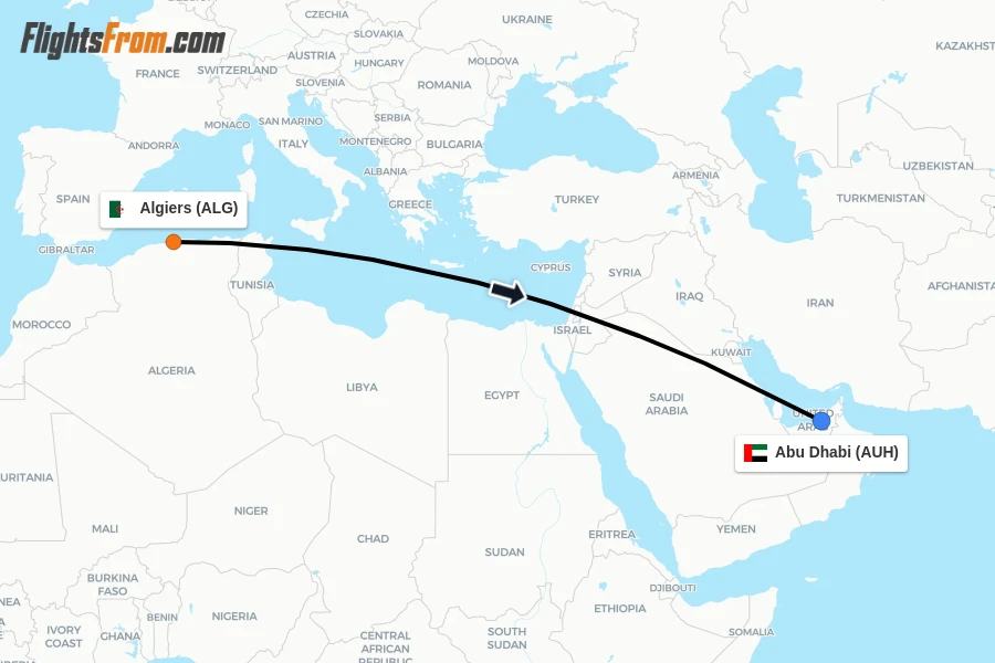 Flights from Algiers to Abu Dhabi route map