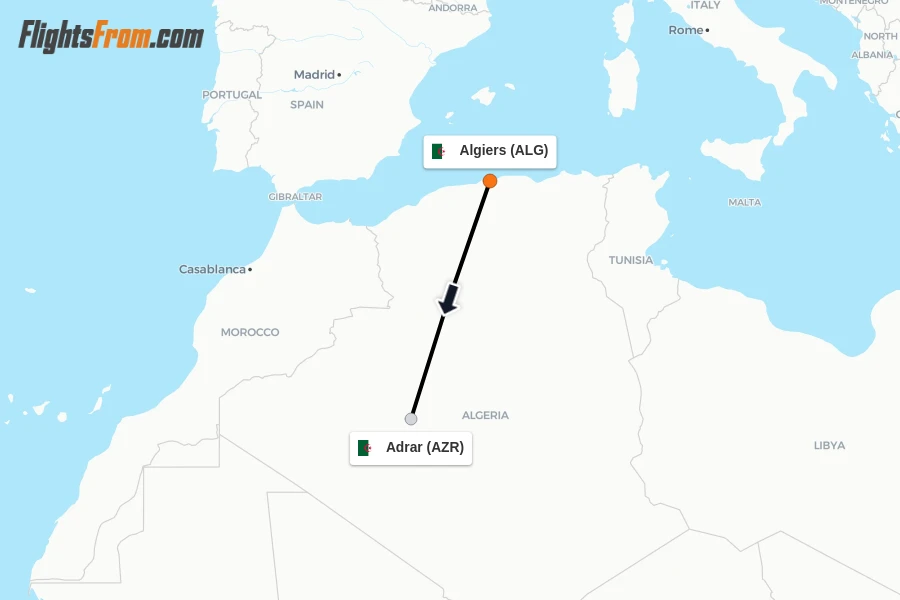 Flights from Algiers to Adrar route map