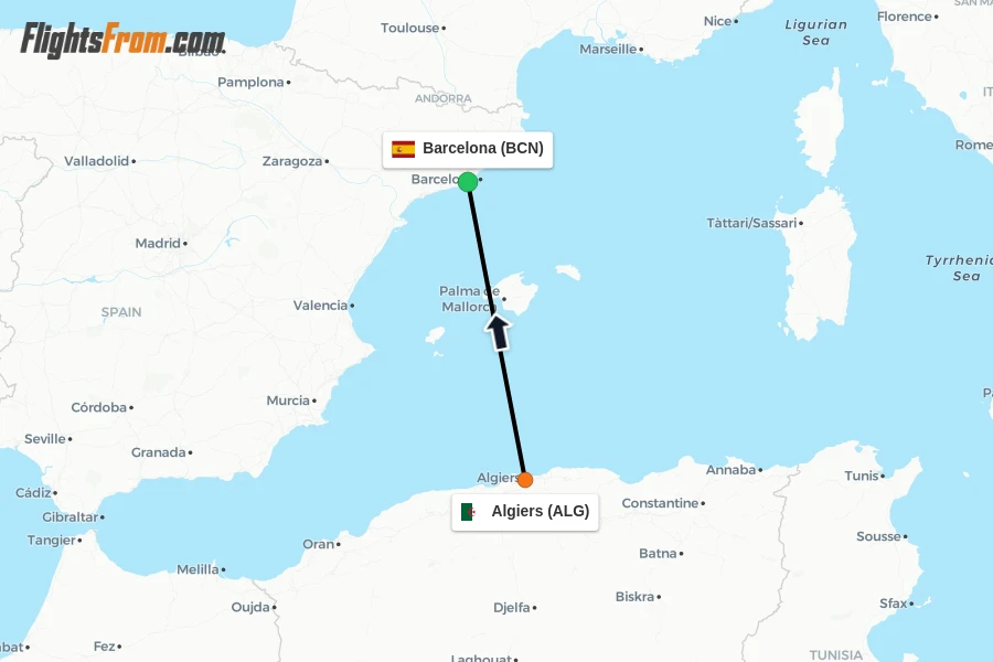 Flights from Algiers to Barcelona route map