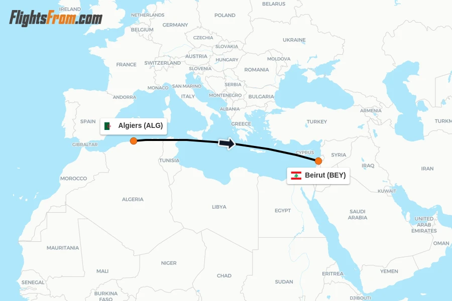 Flights from Algiers to Beirut route map